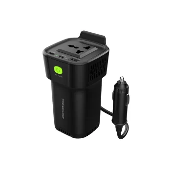 Powerology 150W Cup Holder Power Inverter Dual USB-C & USB-A QC3.0 - Black